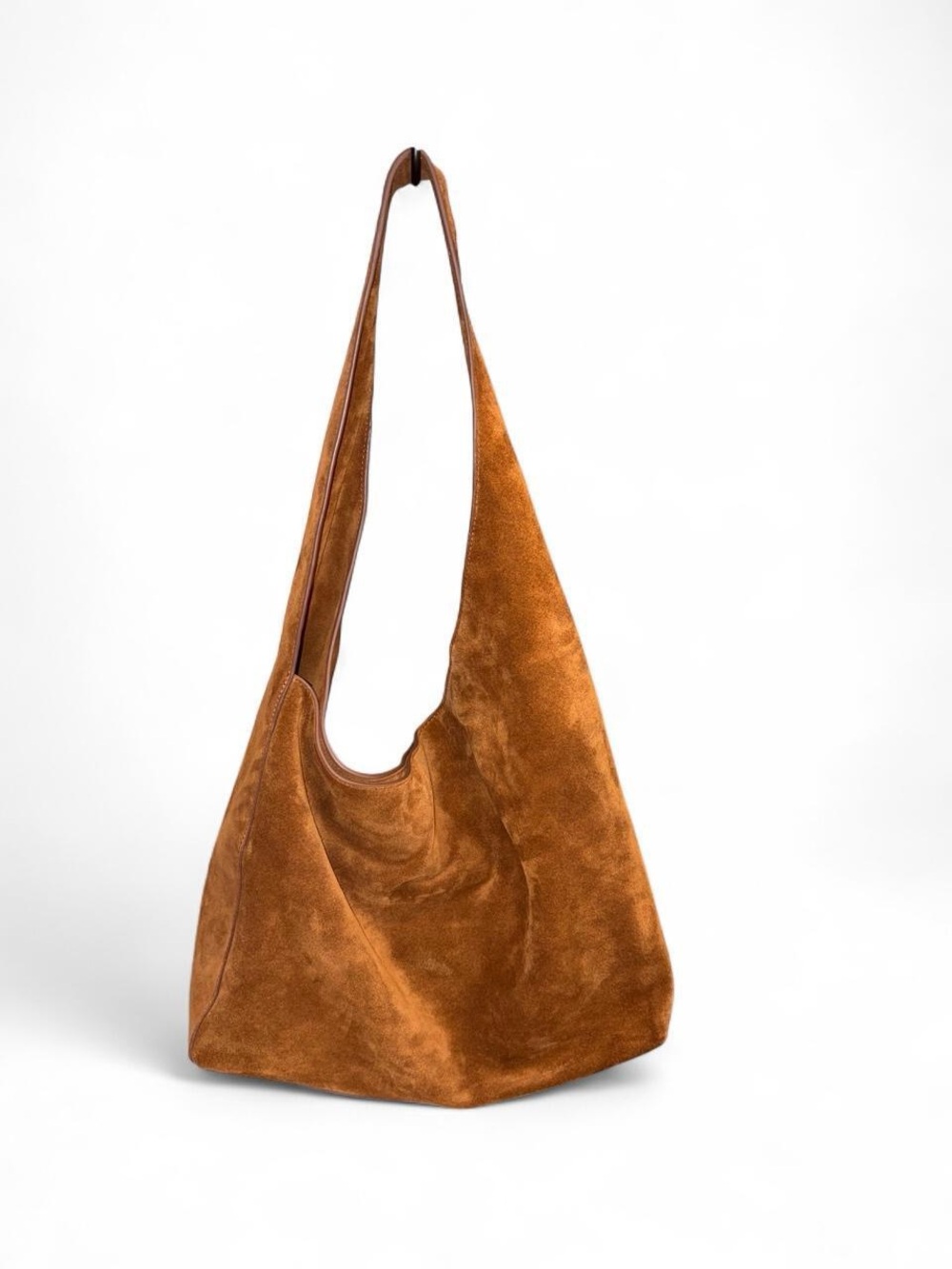 Quince Esme Suede Asymmetrical Shoulder Bag in Whiskey Brown